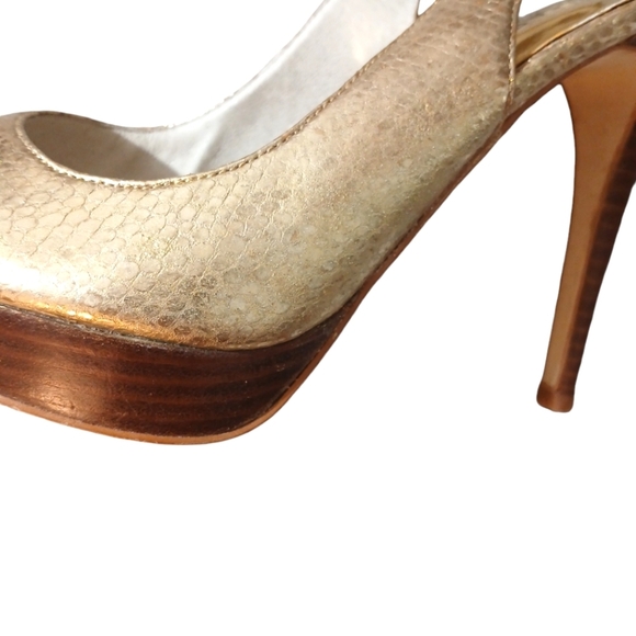 Michael Kors Gold Platform Peep Toe Sling Back Stiletto Snake Skin Heels 7 - Picture 11 of 12